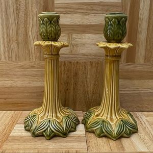 Pair of Sur La Table Portugal Ceramic Glazed Leaf Flower Candle Stick Holder